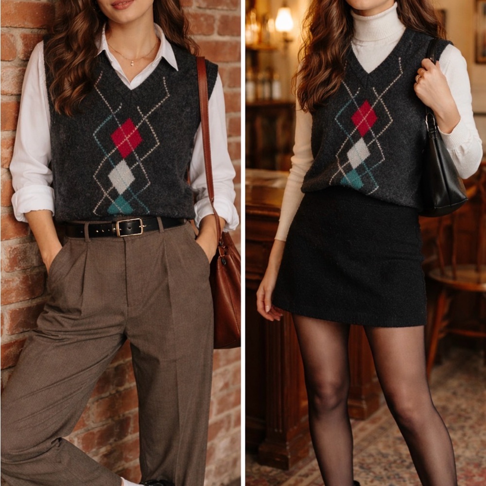Adam Sloane Vintage V Neck Sweater Vest Mohair Wool Blend Argyle 80s VTG